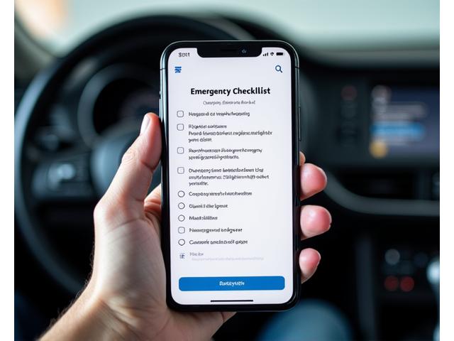 Ruka držící mobilní telefon s otevřenou aplikací pro nouzové postupy a checklistem, v pozadí interiér auta