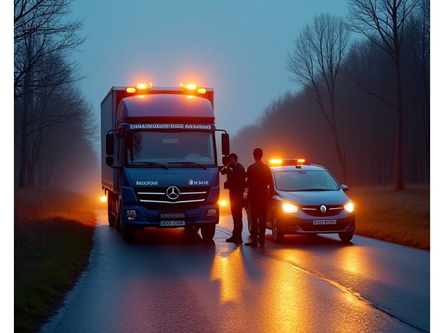 Servisní vozidlo silniční asistence pomáhá řidiči u porouchaného automobilu na venkovské silnici za soumraku